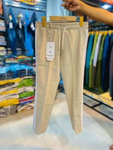 Men’s Casual Smart-Fit Track Trousers – Beige with Contrast Side Stripe