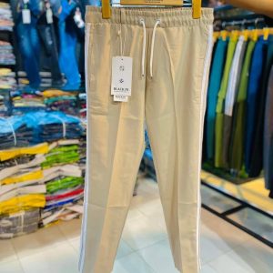 Men’s Casual Smart-Fit Track Trousers – Beige with Contrast Side Stripe