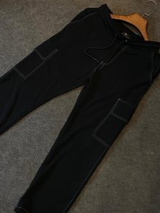Men's Streetwear Black Cargo Joggers with Contrast White Stitching