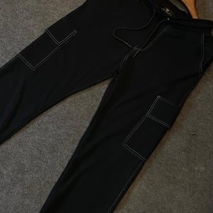 Men's Streetwear Black Cargo Joggers with Contrast White Stitching