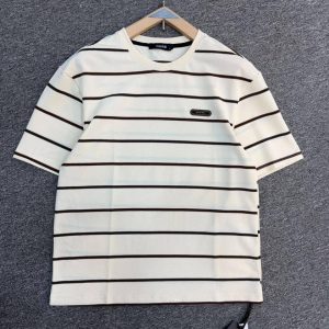 Men’s Textured Horizontal Striped T-Shirt – Off-White & Dark Brown Pinstripe