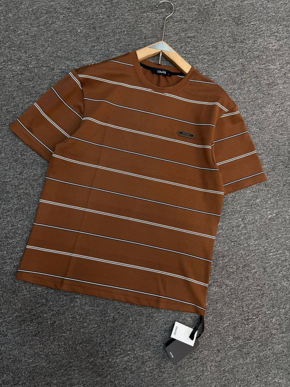Men’s Premium Textured Striped Crewneck T-Shirt – Rusty Brown