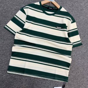Men’s Textured Horizontal Striped T-Shirt – Forest Green & Off-White
